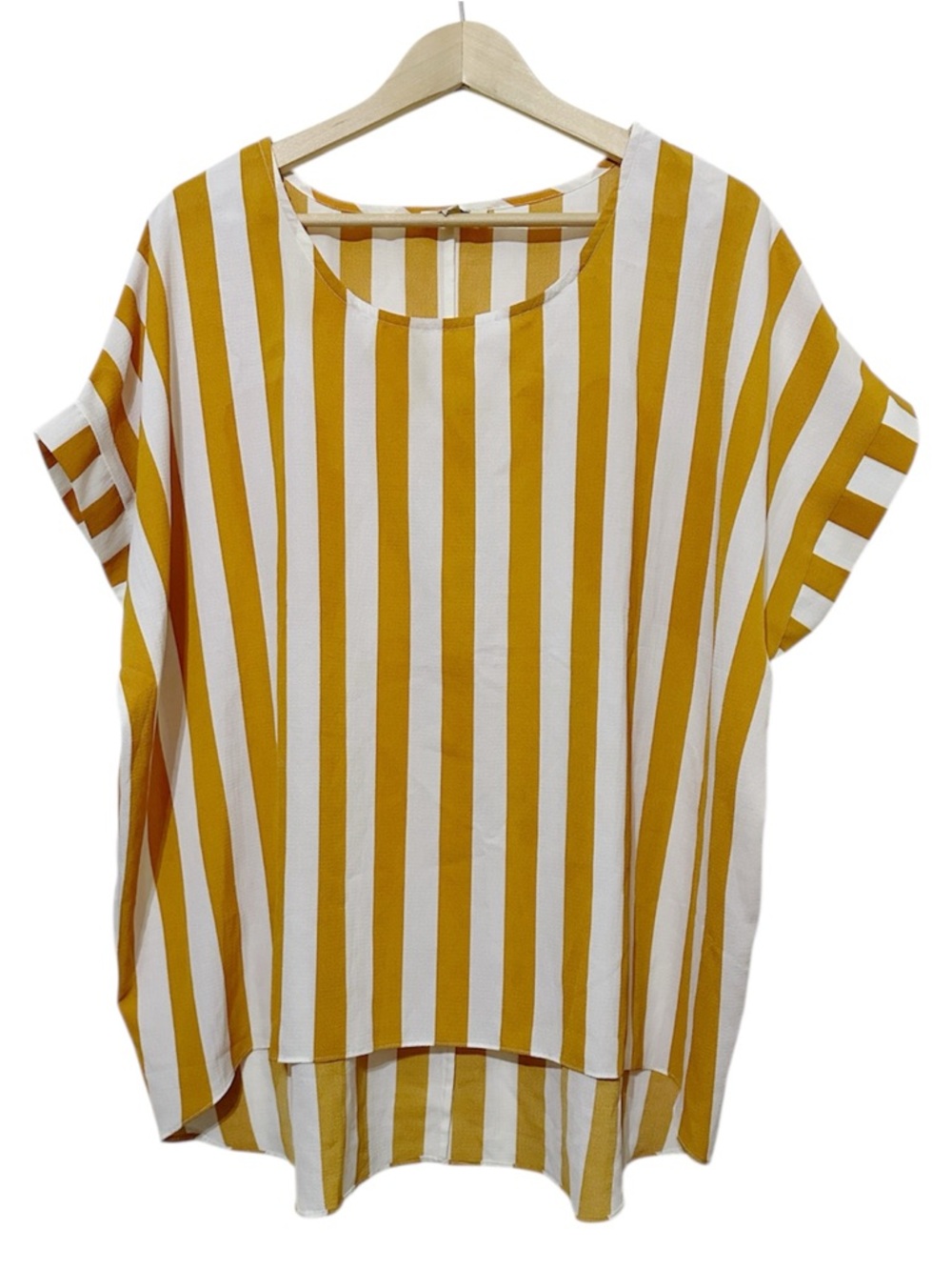 Umgee Large Mustard White Striped Oversized Blouse Cuffed Sleeve Top Large - Picture 2 of 5